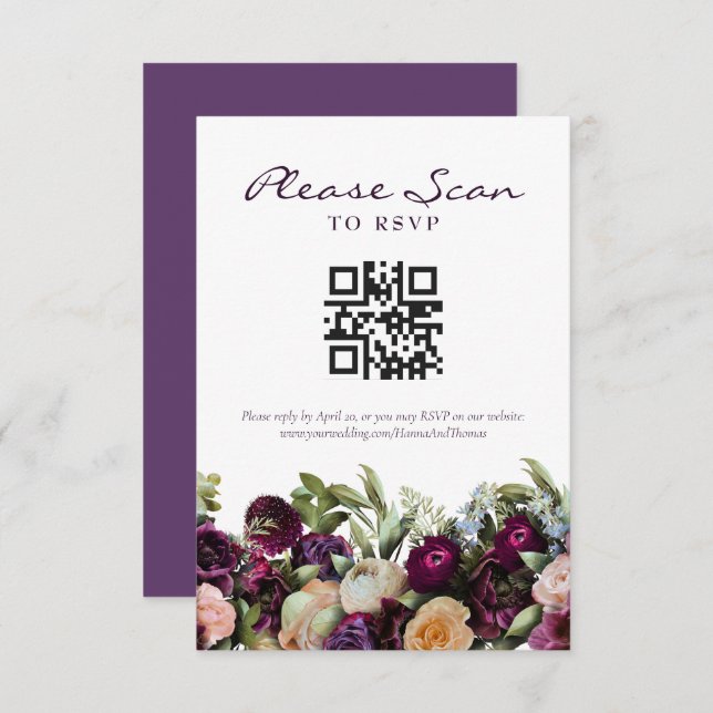 Carte RSVP Lavendar Dark Flork Mariage QR Code (Devant / Derrière)