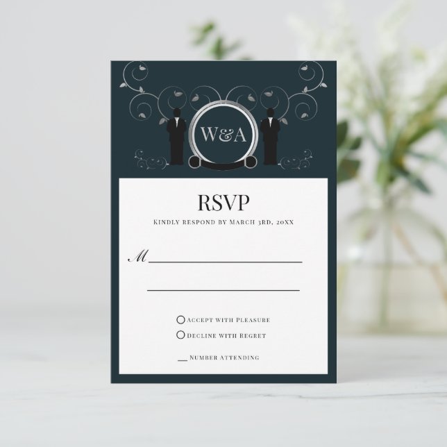 Carte RSVP LGBTQ pour Mariage masculin Silver Blue (Debout devant)