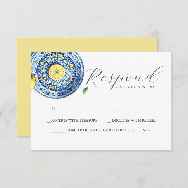 Carte RSVP mariage bleu et jaune (Devant / Derrière)