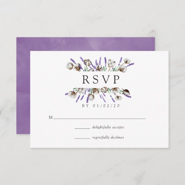 Carte RSVP Mariage Campagnard Lavande en Coton Aqu (Devant / Derrière)