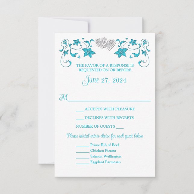 Carte RSVP Mariage Coeurs d'Amour Turquoise, Argen (Devant)