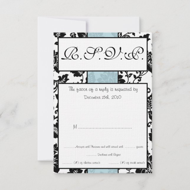 Carte RSVP Mariage damassé Florale Noir/Bleu (Devant)