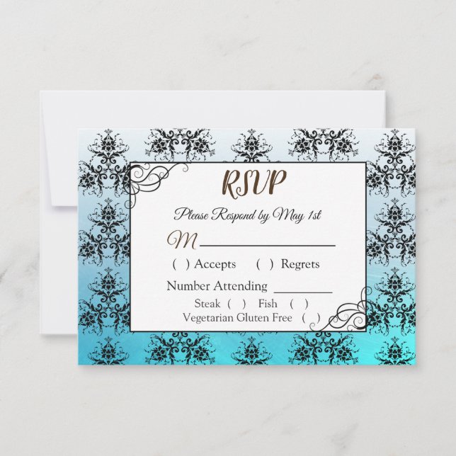 Carte RSVP Mariage damassé noir et bleu (Devant)