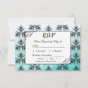 Carte RSVP Mariage damassé Turquoise et noire