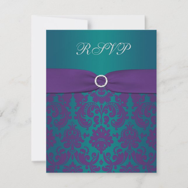 Carte RSVP Mariage damassé Turquoise et violette (Devant)