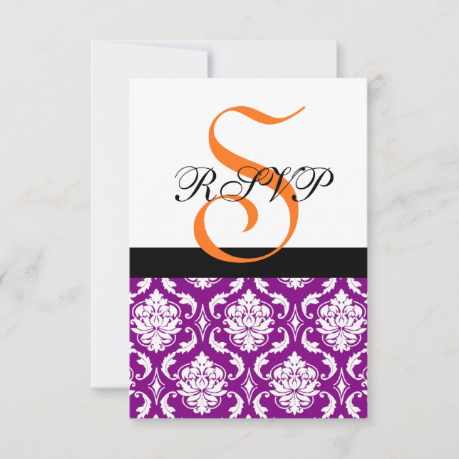 Carte RSVP Mariage damassé violet | Monogramme ora (Devant)