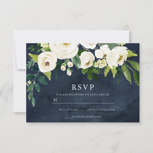 Carte RSVP Mariage de la marine et des fleurs blan (Devant)