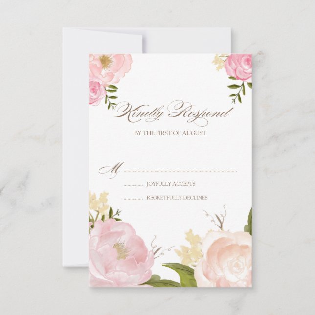Carte RSVP Mariage Fleurs d'aquarelle rose romanti (Devant)