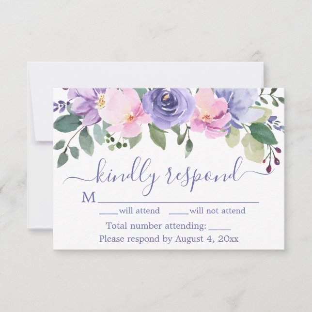 Carte RSVP Mariage Floral à l'aquarelle violette (Devant)