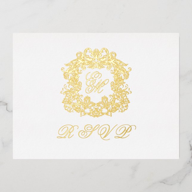 Carte RSVP Mariage Gold Foil Monogram Crest Menu (Recto)