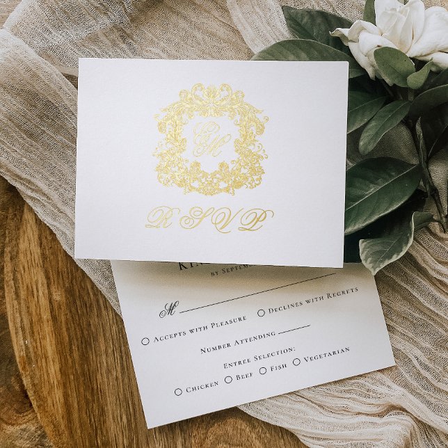 Carte RSVP Mariage Gold Foil Monogram Crest Menu (Créateur téléchargé)