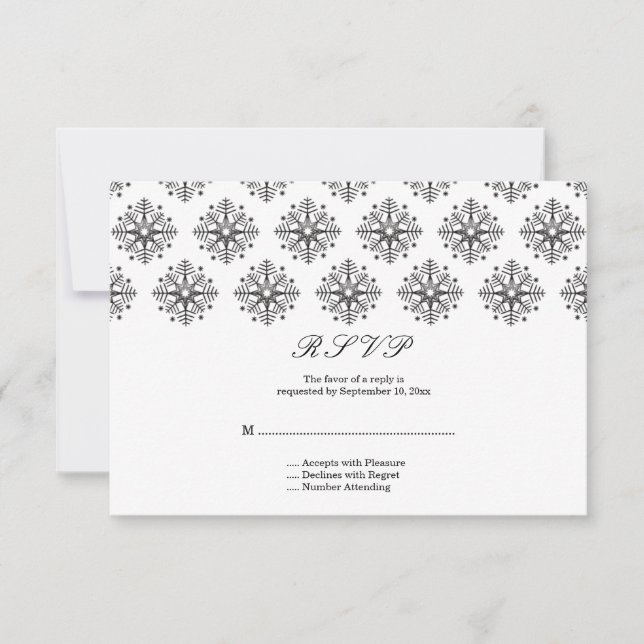 Carte RSVP mariage hiver noir + blanc flocon de ne (Devant)