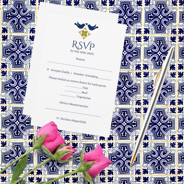 Carte RSVP Mariage Mexicaine Lovebirds Bleu & Gold (Créateur téléchargé)