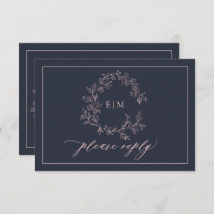 Carte RSVP Mariage Monogramme Rose Bleu Marine