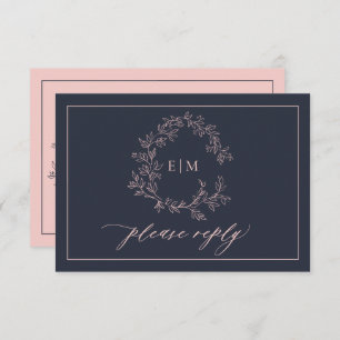 Carte RSVP Mariage Monogramme Rose Bleu Marine