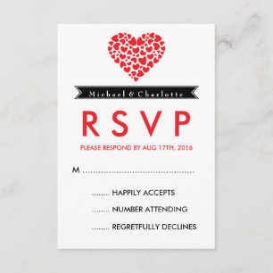 Carte RSVP mariage noir et blanc avec coeur rouge