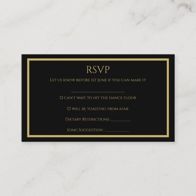 Carte RSVP mariage noir et or simple (Devant)