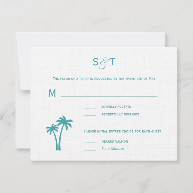 Carte RSVP Mariage Palmiers - Blanc/Aqua (Devant)