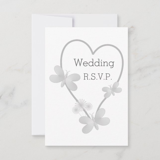 Carte RSVP Mariage Papillons Coeur Argent (Devant)