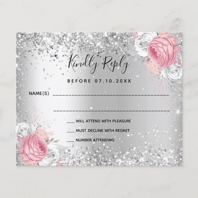 Carte RSVP mariage parties scintillant rose blanc  (Devant)