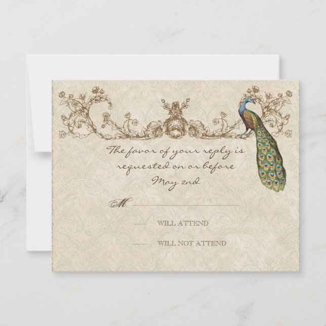 Carte RSVP Mariage Peacock & Etchings vintage (Devant)