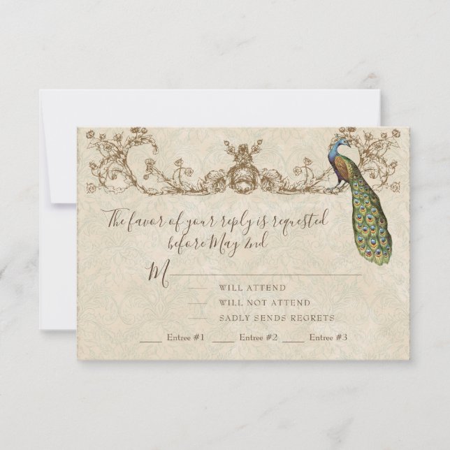 Carte RSVP Mariage Peacock & Etchings vintage (Devant)