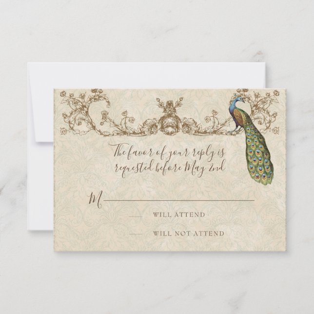 Carte RSVP Mariage Peacock & Etchings vintage (Devant)