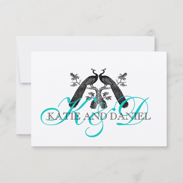 Carte RSVP Mariage Peacock Silver Aqua (Devant)