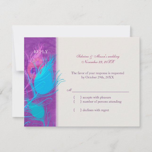 Carte RSVP Mariage Peacock Turquoise bleu violet (Devant)