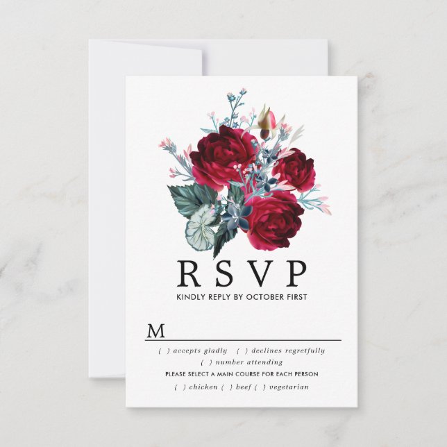 Carte RSVP Mariage Rose Bourgogne, Options de repa (Devant)