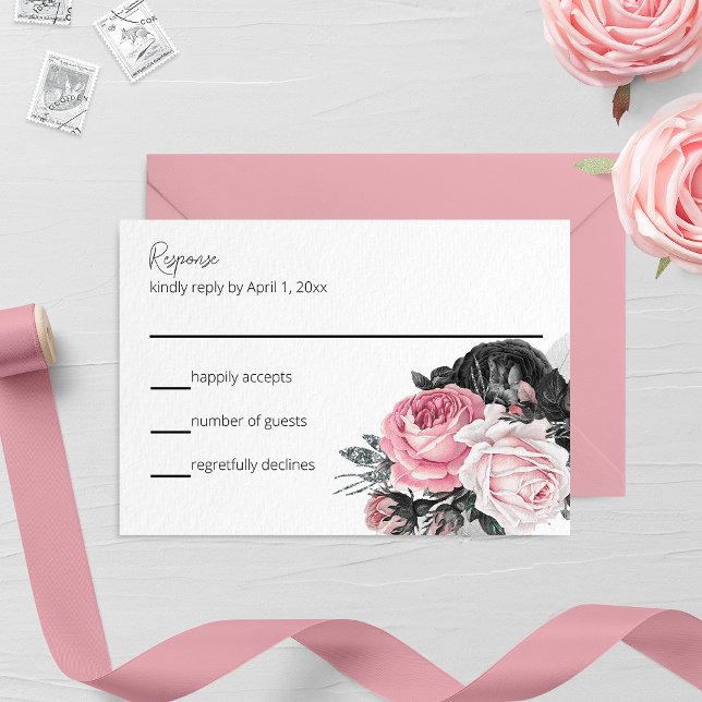 Carte RSVP mariage Rose rose et noir (Créateur téléchargé)