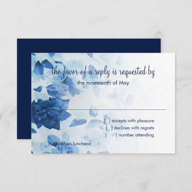 Carte RSVP Marine Aquarelle bleu Floral (Devant / Derrière)