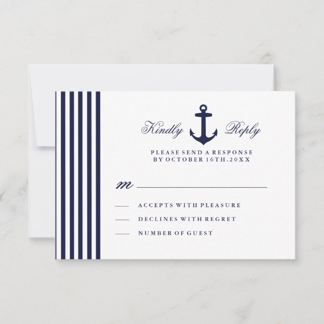 Carte RSVP marine bleu blanc et bleu marine (Devant)