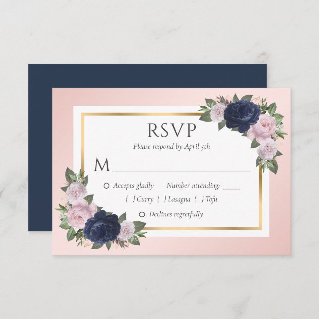Carte RSVP Marine Blue Blush Gold Floral Wedding (Devant / Derrière)