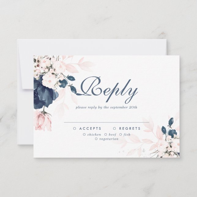 Carte RSVP Marine Blue et Blush Rose Floral Weddin (Dos)