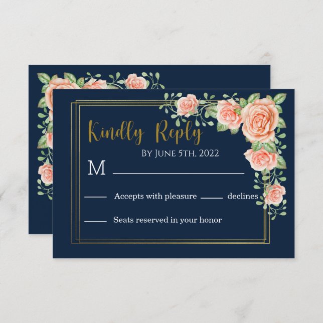 Carte RSVP Marine Blue Gold Blush Floral Wedding (Devant / Derrière)