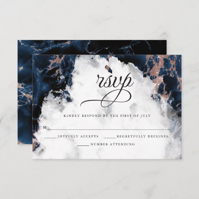 Carte RSVP Marine Blue Rose Gold Watercolor (Devant / Derrière)