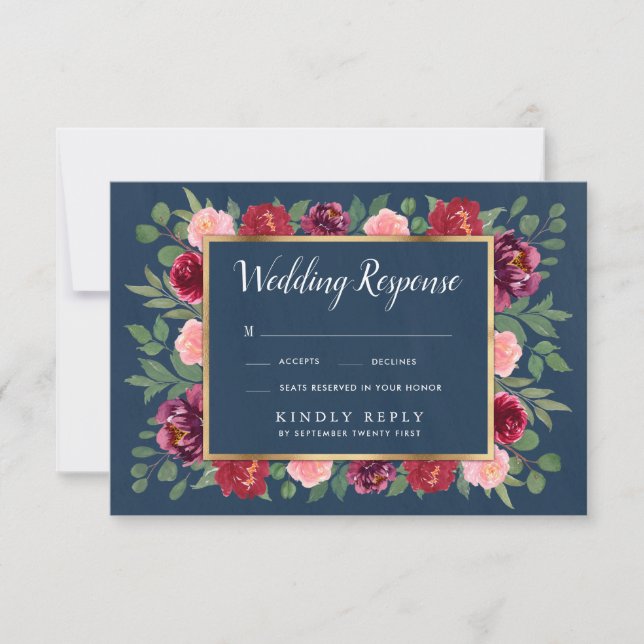 Carte RSVP Marine Blush Pink Gold Burgundy Wedding (Devant)