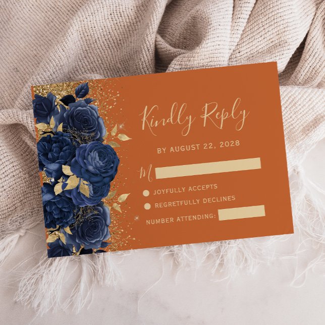 Carte RSVP Marine Gold Floral Burnt Orange Wedding (Créateur téléchargé)