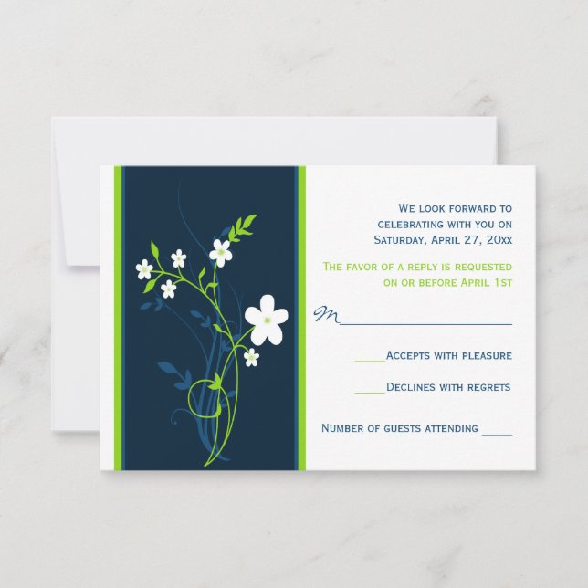 Carte RSVP Marine, Lime, Mariage Floral Blanc (Devant)