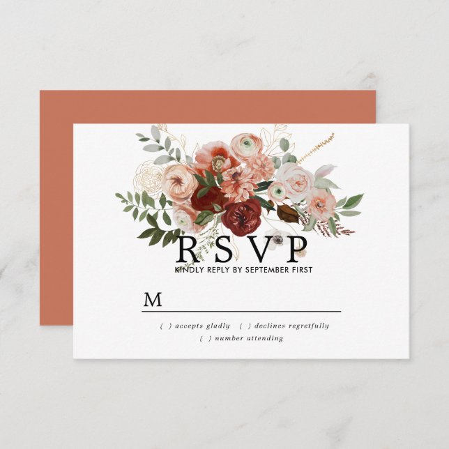 Carte RSVP Marsala Blush Terracotta Floral Wedal (Devant / Derrière)