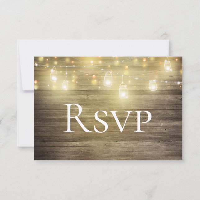 Carte RSVP Mason Jar en bois et lumières rustiques (Devant)