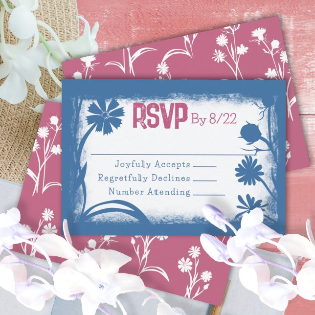 Carte RSVP Mauve Rose vintage Navy Blue (blue floral wild flowers bat mitzvah rsvp response reply card for bat mitzvah party)
