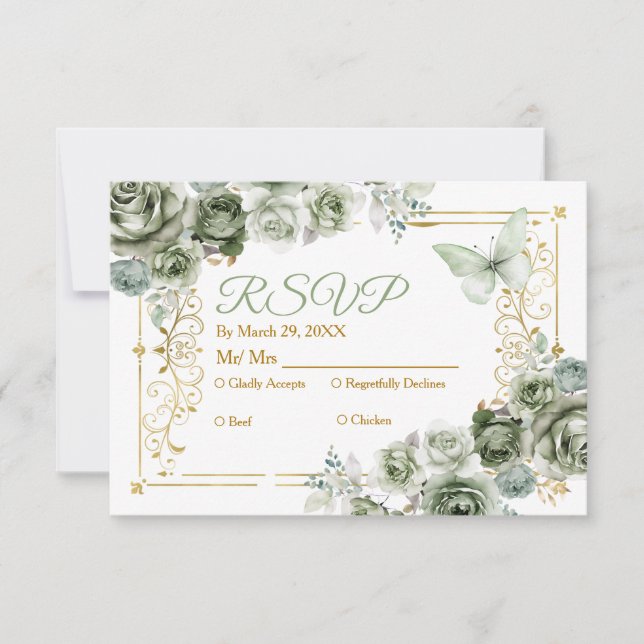 Carte Rsvp Mexicaine Quinceañera Gold & Sage Green (Devant)