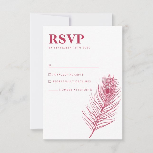 Carte RSVP mini Peacock Feather Magenta Wedding (Devant)