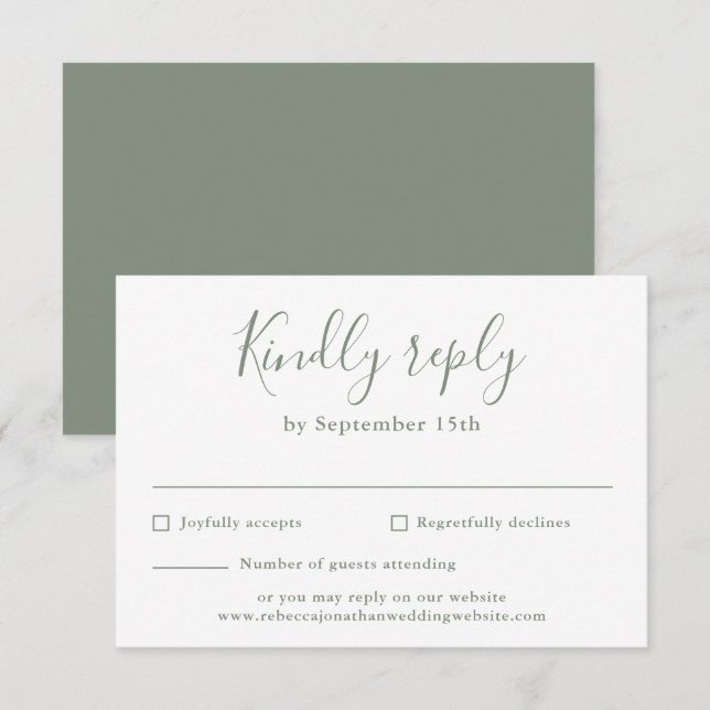 Carte RSVP minimal de mariage vert olive Script (Devant / Derrière)