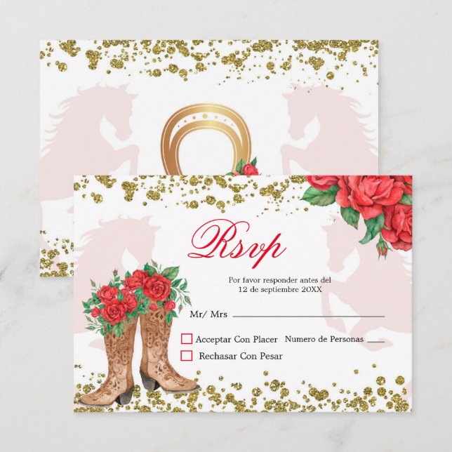 Carte RSVP Mis Quince Roses Rouge Mexicaine (Devant / Derrière)