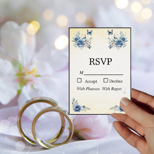Carte RSVP moderne Fleurs bleues et Papillons