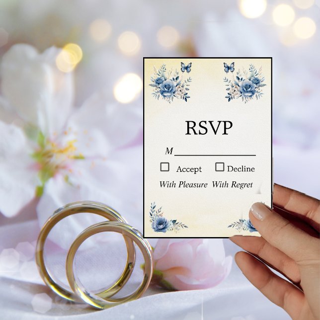 Carte RSVP moderne Fleurs bleues et Papillons (Créateur téléchargé)