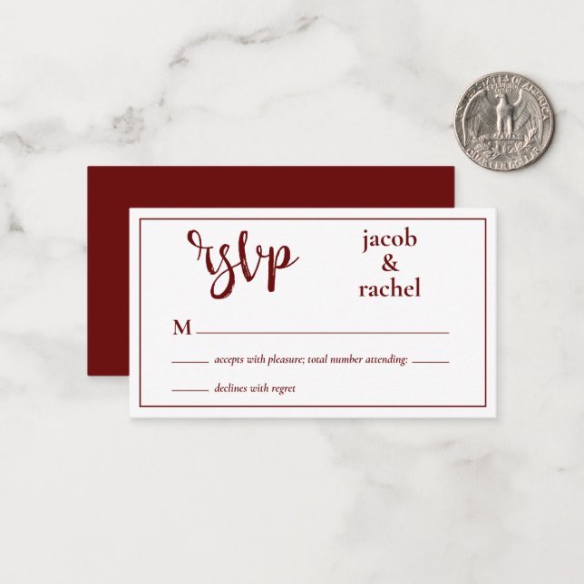 Carte RSVP moderne rouge foncé bordeaux mariage RS (Devant/Arrière en situation)